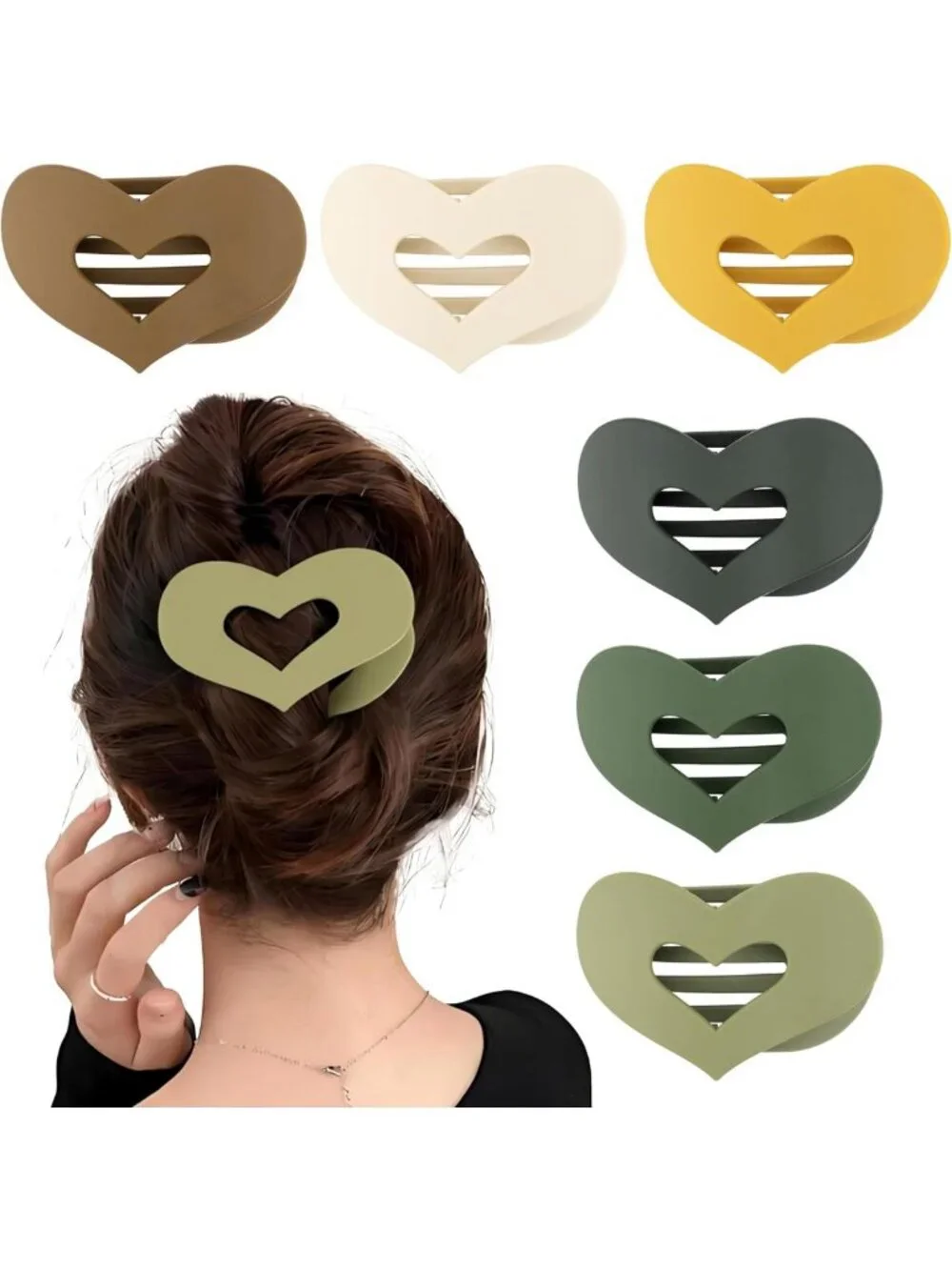 6 Soft Shell Heart Claw Hair Clips - Matte Silicone, Earth Tone & Pastel Colors